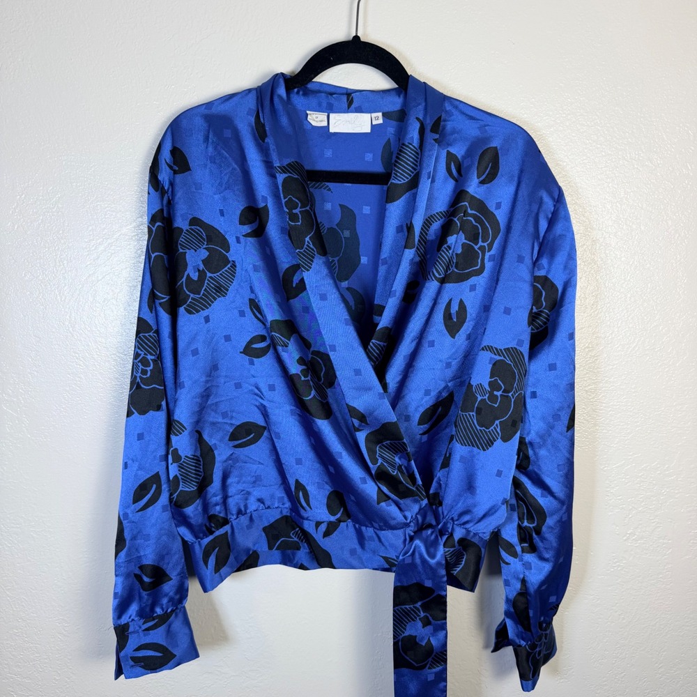 Vtg Emily Women's 12 Blue Floral Satin Wrap Blouse Chic Art Indie Goth Fairy